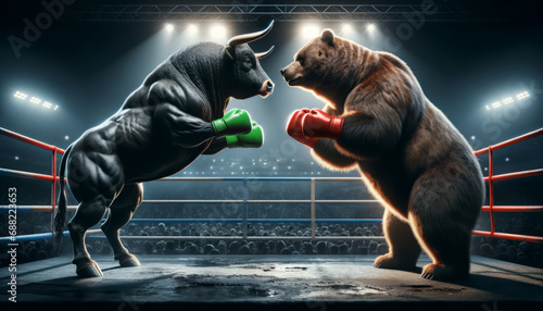 Bear vs Bull boxing on Wall Street ring, a punchy metaphor for stock market volatility and sentiment photo