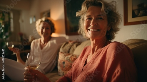 Middle-aged women are sitting in the living room with glasses of wine in their hands