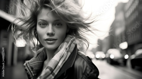Female model posing on a city street