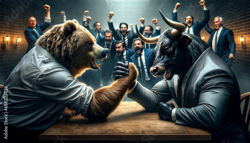 Bear vs. bull arm wrestling, epic Wall Street showdown, high-energy, intense close-up, brokers cheering, 16:9, cinematic image, photorealistic photo
