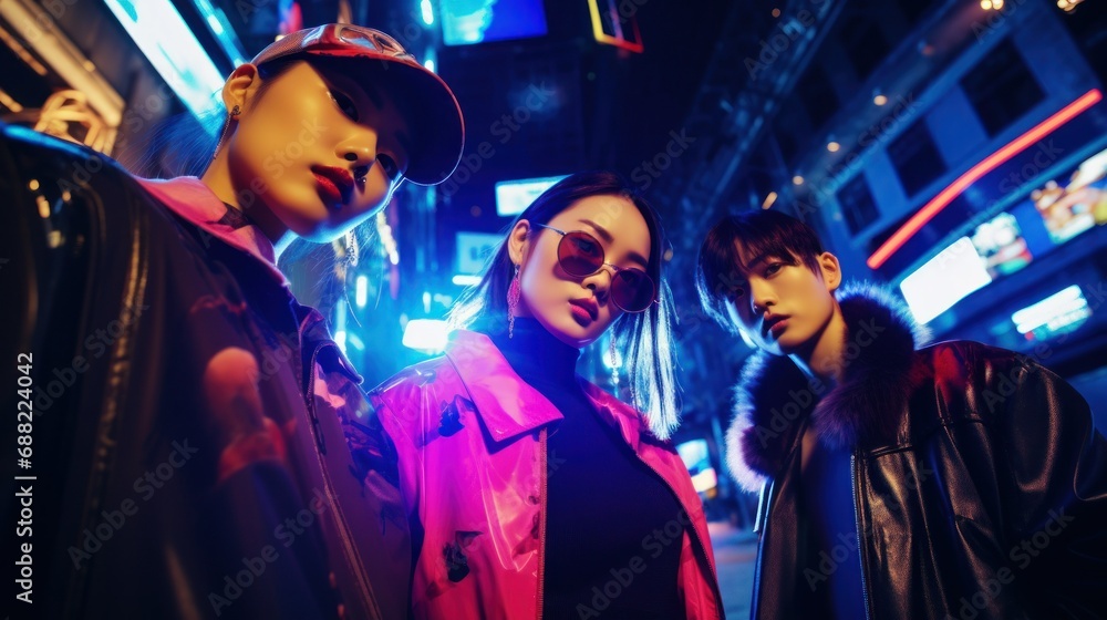 Group of young Asian friends on the neon-lit streets of Japan Group of young Asian friends on the neon-lit streets of Japan