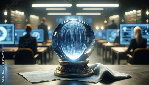 Crystal ball on a desk, AI driven visions of sophisticated algorithm. Blurred tech office in the background, intense cyber security operations
 photo