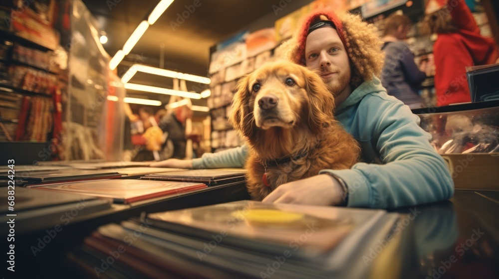 Bookstore man posing with his dog Bookstore man posing with his dog