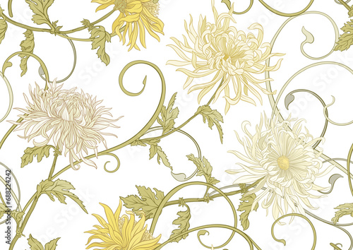 Chrysanthemum decorative flowers and leaves in art nouveau style, vintage, old, retro style. Seamless pattern, background. Vector illustration.