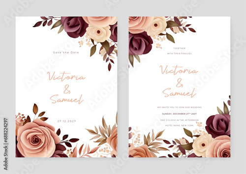 Red and beige vector elegant watercolor wedding invitation floral design