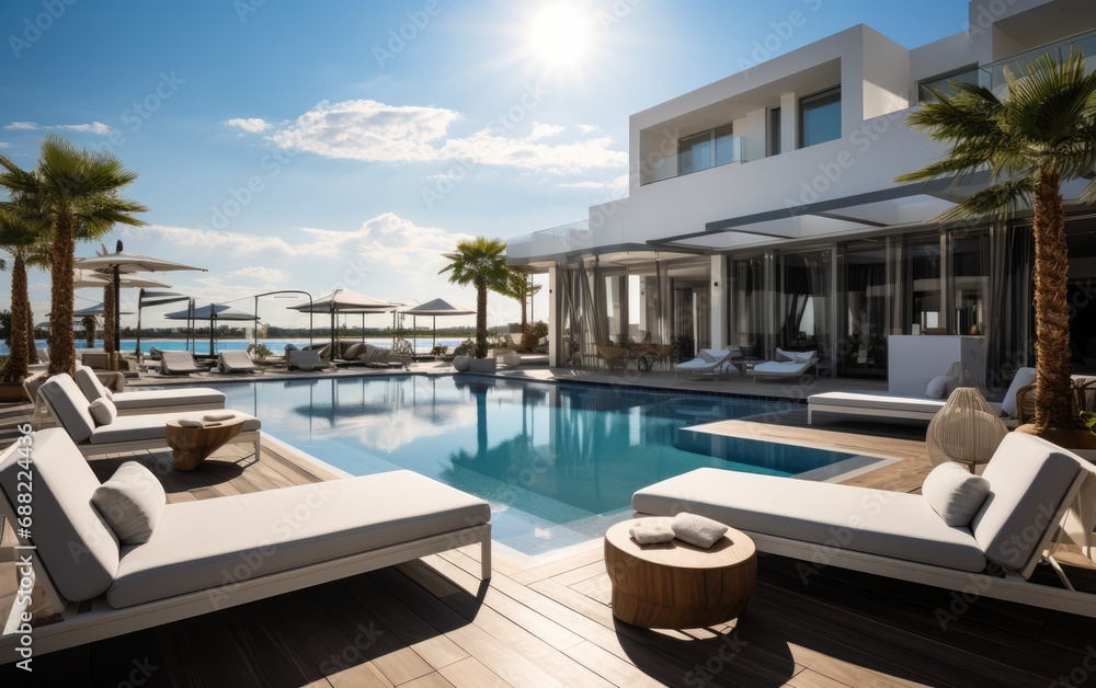 A modern superior hotel pool and superior outdoor sofas at a sunny day