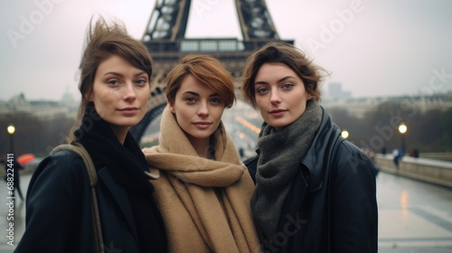 Three confident women posing in front of the Eiffel tower