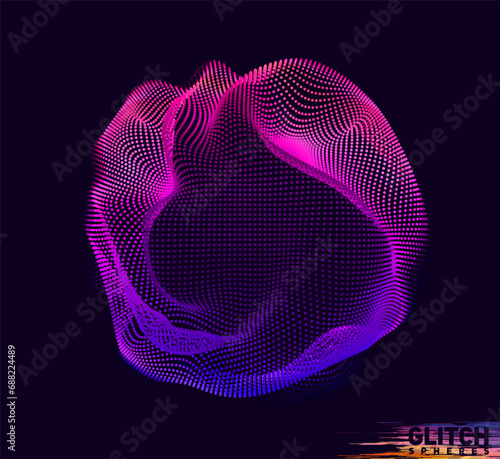 Corrupted violet point sphere. Abstract vector colorful mesh on dark background. Futuristic style card.