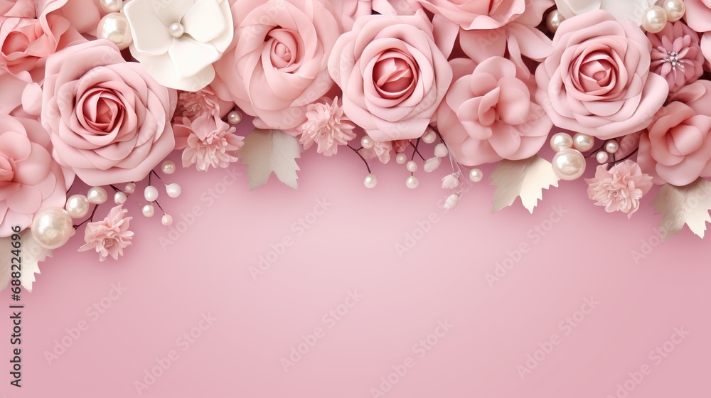 Seamless Wedding floral frame or border with elegant rose flowers and pearls on a pink background, place for text. Floral repeat pattern with flowers  - obrazy, fototapety, plakaty 