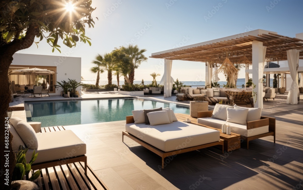 A modern superior hotel pool and superior outdoor sofas at a sunny day