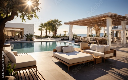 A modern superior hotel pool and superior outdoor sofas at a sunny day © piai