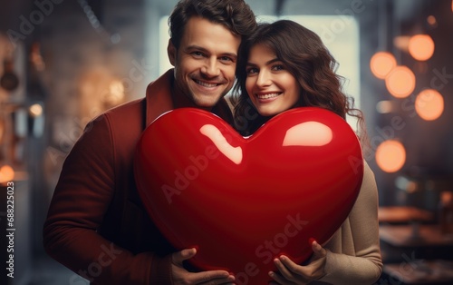 Romantic moment, couple with a big red heart in valentine photoshoot