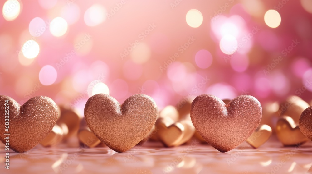 Obraz premium Golden hearts on a pink background. Happy Valentine Day wedding. Bokeh lights