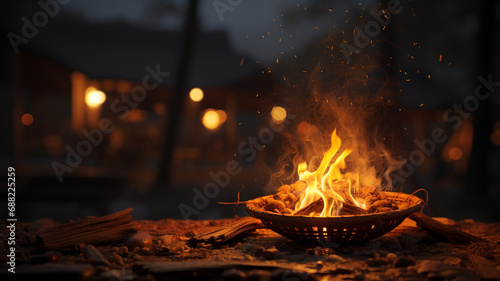 Happy Lohri 2023. popular Hindu harvest festival celebrated in India. outdoors, together with whole family or with friends, lighting fire, flame in evening. banner, poster background greeting card. photo