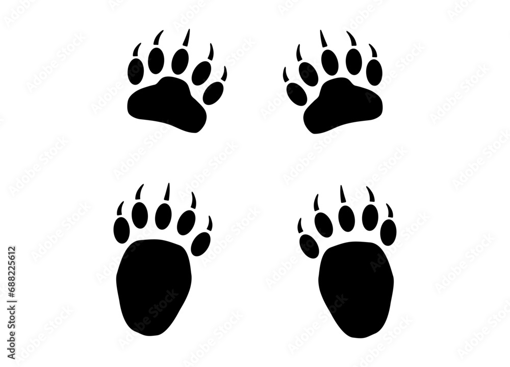 Bear or panda furry paw footprint with claws. Silhouette, contour. Icon. Vector isolated on white. Black and white. Grizzly wild animal paw print icon and symbol. Print, textile, postcard, pet store. Bear or panda furry paw footprint with claws. Silhouette, contour. Icon. Vector isolated on white. Black and white. Grizzly wild animal paw print icon and symbol. Print, textile, postcard, pet store.