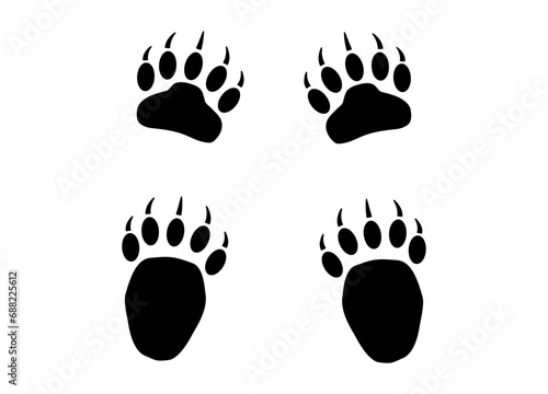 Bear or panda furry paw footprint with claws. Silhouette, contour. Icon. Vector isolated on white. Black and white. Grizzly wild animal paw print icon and symbol. Print, textile, postcard, pet store.
