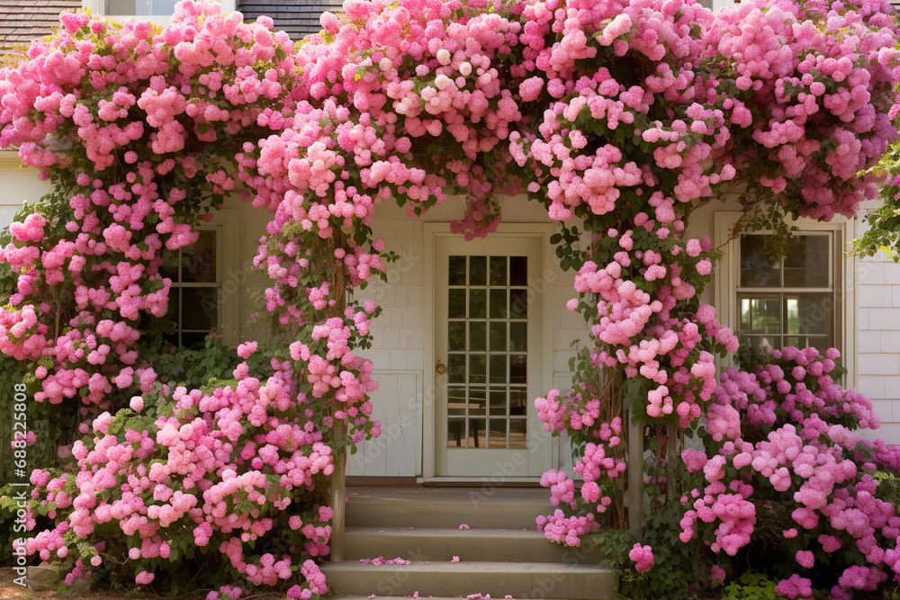 Capture the romantic allure of a garden filled with climbing roses, their tendrils creating a natural tapestry of soft, fragrant blooms
