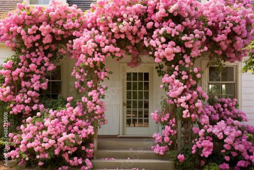 Capture the romantic allure of a garden filled with climbing roses, their tendrils creating a natural tapestry of soft, fragrant blooms © Nate
