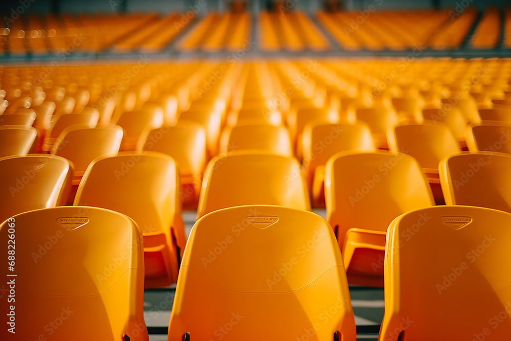 Empty stadium seats of a running court seen from the opposite side, frontal view Empty stadium seats of a running court seen from the opposite side, frontal view