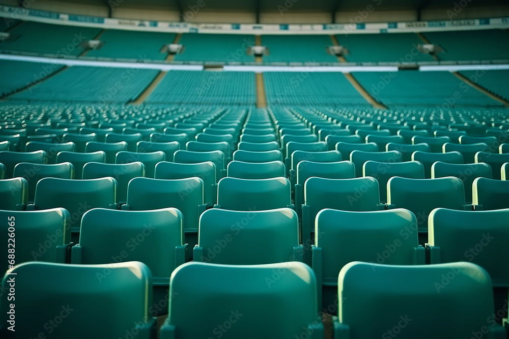 Empty stadium seats of a running court seen from the opposite side, frontal view Empty stadium seats of a running court seen from the opposite side, frontal view