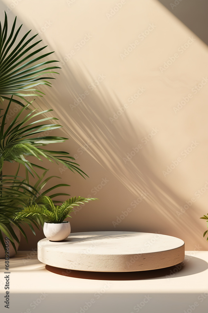 Empty stone podium mockup for product display background with palm leaves shadow Empty stone podium mockup for product display background with palm leaves shadow