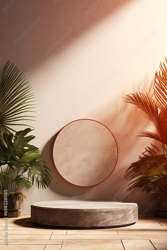 Empty stone podium mockup for product display background with palm leaves shadow Empty stone podium mockup for product display background with palm leaves shadow