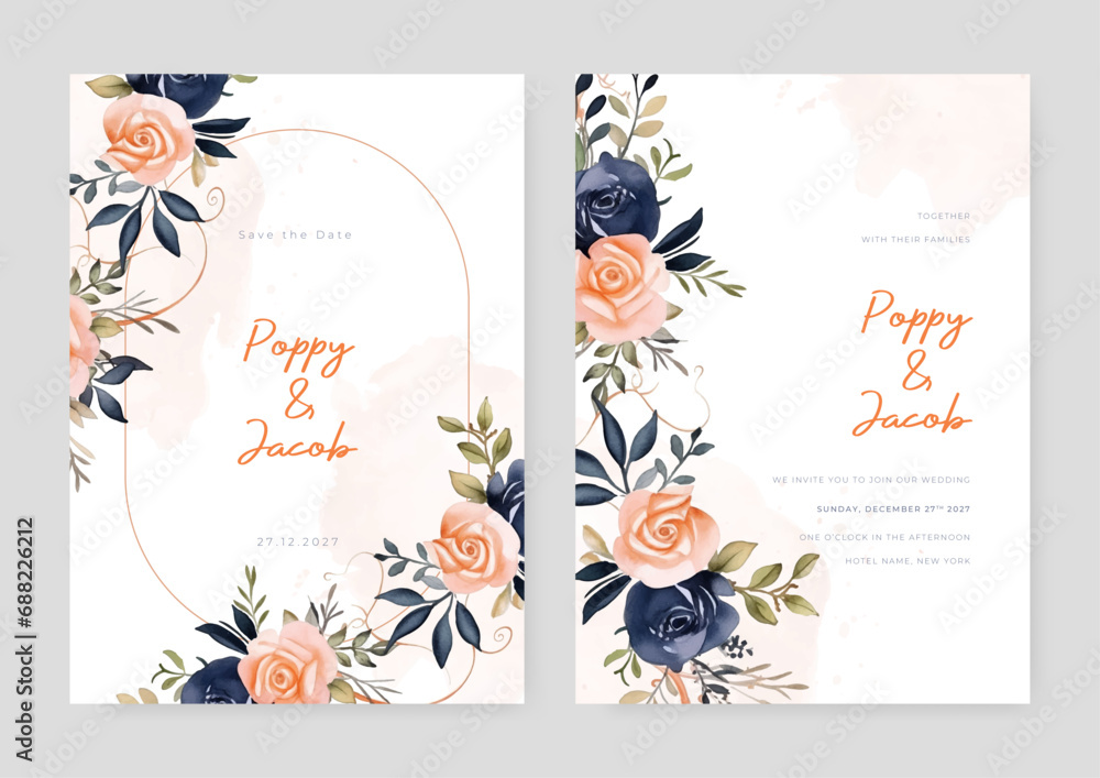 Peach and blue rose set of wedding invitation template with shapes and ...