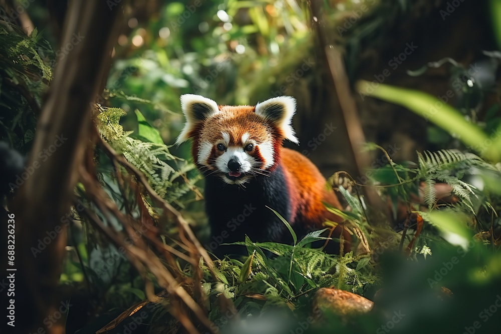 Playful red panda exploring bamboo forest, hyper-realistic, full body details, focus sharp, dramatic color Playful red panda exploring bamboo forest, hyper-realistic, full body details, focus sharp, dramatic color
