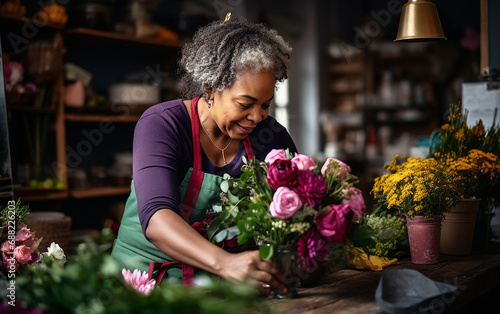 Picture of an old dark-skinned woman florist while working.