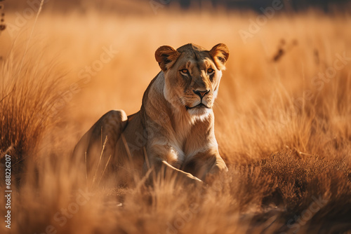 Majestic lioness surveying grassy plains