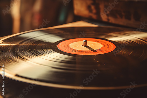 Photograph the nostalgic charm of an old vinyl record, with its grooves and imperfections, evoking memories of classic music and bygone eras