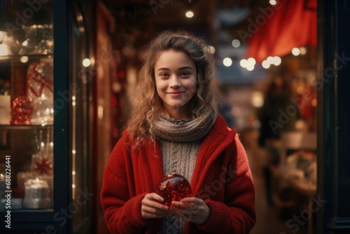 Young girl looking at shop-windows decorated for Christmas. red light and garland. purchases. packages and discounts