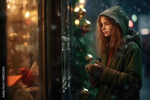 Young girl looking at shop-windows decorated for Christmas. green light and garland. purchases. packages and discounts