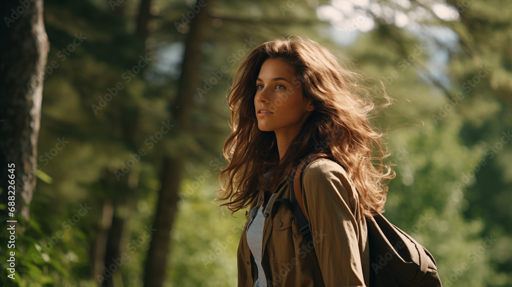 A female traveler walks through the woods. Beautiful wild nature landscape in forest. Hiking journey on tourist trail. Outdoor adventure. Travel and exploration. Healthy lifestyle. Generated AI A female traveler walks through the woods. Beautiful wild nature landscape in forest. Hiking journey on tourist trail. Outdoor adventure. Travel and exploration. Healthy lifestyle. Generated AI