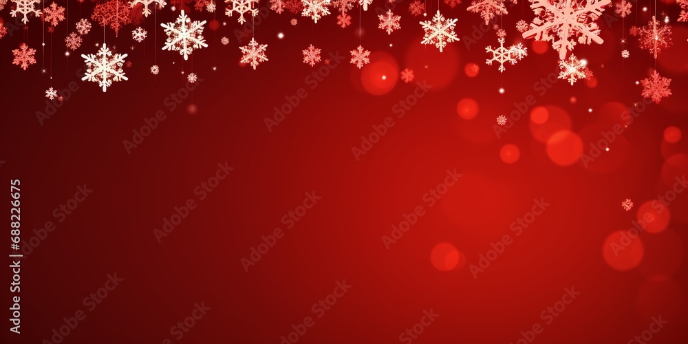 Xmas and New Year holiday red background with 3d dripping shiny snowflakes, Christmas banner, postcard, invitation, celebration. Flat lay, top view, with copy space.