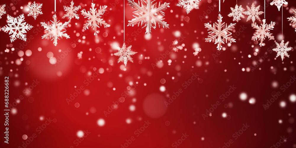 Xmas and New Year holiday red background with 3d dripping shiny snowflakes, Christmas banner, postcard, invitation, celebration. Flat lay, top view, with copy space. Xmas and New Year holiday red background with 3d dripping shiny snowflakes, Christmas banner, postcard, invitation, celebration. Flat lay, top view, with copy space.