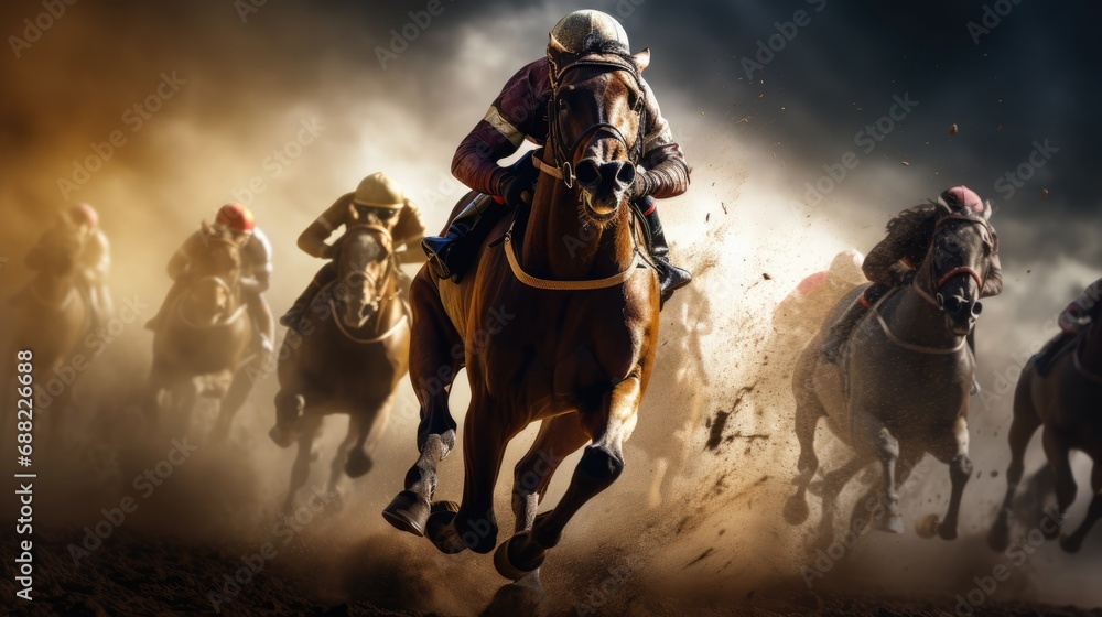 Horse racing at the hippodrome. Sand scatters under the hooves Horse racing at the hippodrome. Sand scatters under the hooves
