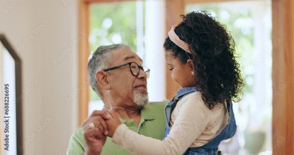 Family, grandfather and girl with dance in home for childhood memory, bonding and care with movement. Mexican people, smile and happy for teaching in living room for love with quality time together Family, grandfather and girl with dance in home for childhood memory, bonding and care with movement. Mexican people, smile and happy for teaching in living room for love with quality time together