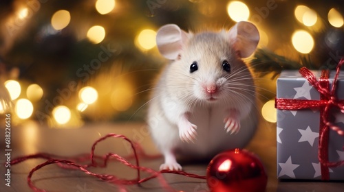 Cute little mouse trying to open wrapped Christmas or new year gift box on blurred shiny Xmas tree background with copy space, funny winter holidays animal banner design. © JW Studio