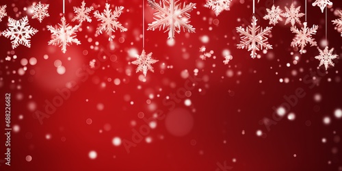 Xmas and New Year holiday red background with 3d dripping shiny snowflakes, Christmas banner, postcard, invitation, celebration. Flat lay, top view, with copy space.