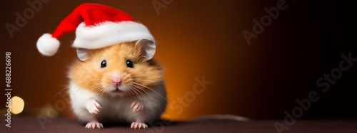 Christmas Santa Claus mouse happy shouting Merry Christmas isolated on blurred shiny sparkling background with copy space. © Jasper W