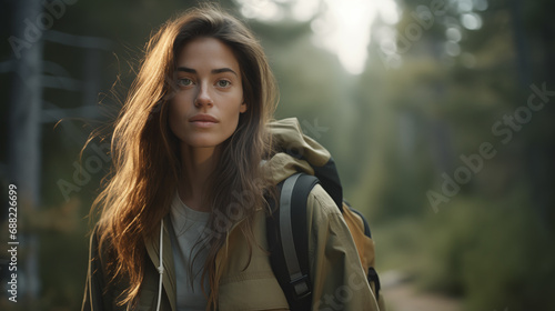 A female traveler walks through the woods. Beautiful wild nature landscape in forest. Hiking journey on tourist trail. Outdoor adventure. Travel and exploration. Healthy lifestyle. Generated AI