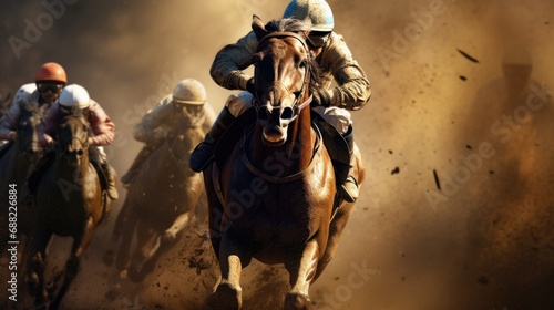 Horse racing at the hippodrome. Sand scatters under the hooves © brillianata