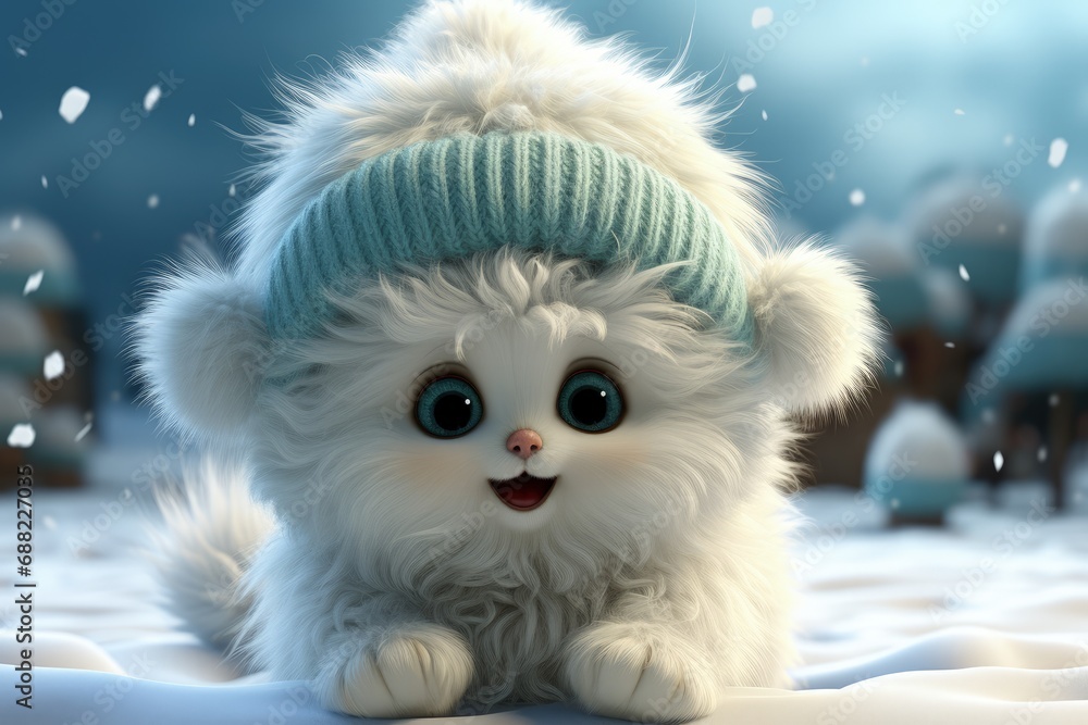 White cartoon bear with cuddly demeanor wears cozy scarf and mittens, exuding warmth. Playful and adorable, bear embodies charm of winter with touch of festive magic, heartwarming in snowy wonderland. White cartoon bear with cuddly demeanor wears cozy scarf and mittens, exuding warmth. Playful and adorable, bear embodies charm of winter with touch of festive magic, heartwarming in snowy wonderland.