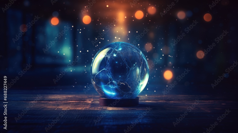 Magic ball, blurred dark background. Accessory for fortune telling - obrazy, fototapety, plakaty 