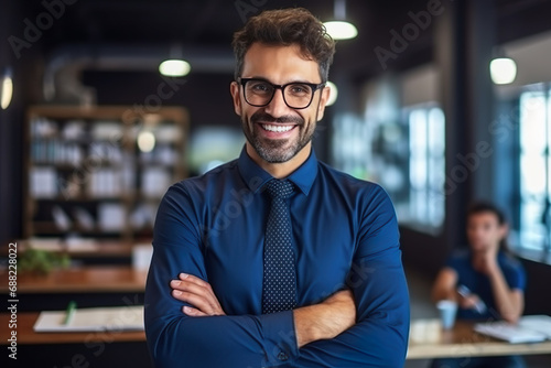 Latin American teacher with blurred library background