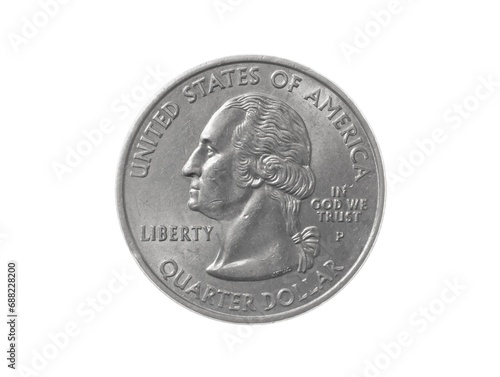 A quarter dollar coin in silver on a white isolated background