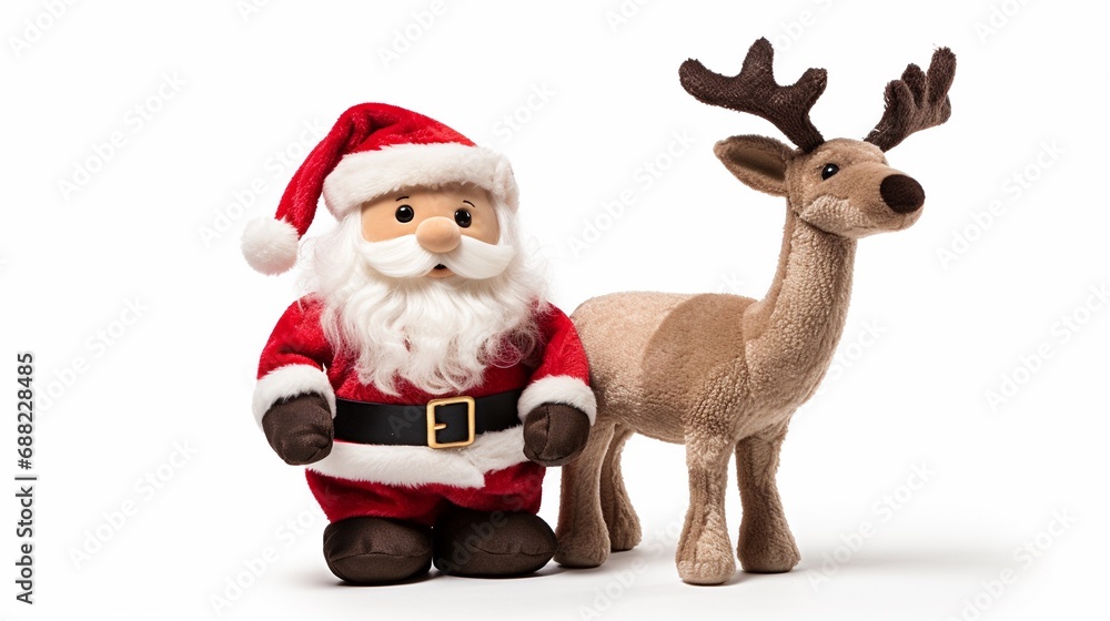 Santa Claus together with his reindeer plush toy isolated on white background, Xmas deer and Santa soft baby toys. Santa Claus together with his reindeer plush toy isolated on white background, Xmas deer and Santa soft baby toys.