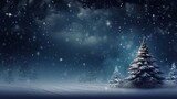 Beautiful Festive Christmas snowy background. Christmas tree decorated with red balls and knitted toys in forest in snowdrifts in snowfall outdoors, banner format, copy space