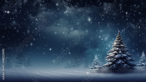 Beautiful Festive Christmas snowy background. Christmas tree decorated with red balls and knitted toys in forest in snowdrifts in snowfall outdoors, banner format, copy space © BackgroundHolic